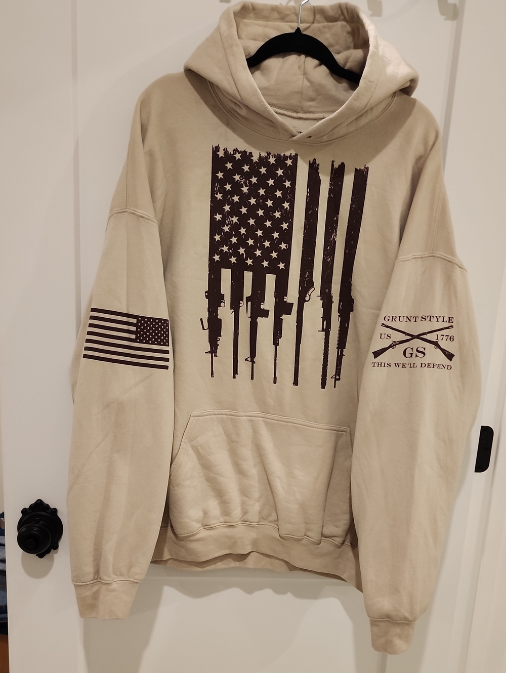Grunt Style Beige Hoodie with Dark Brown Flag & Rifle Graphic
